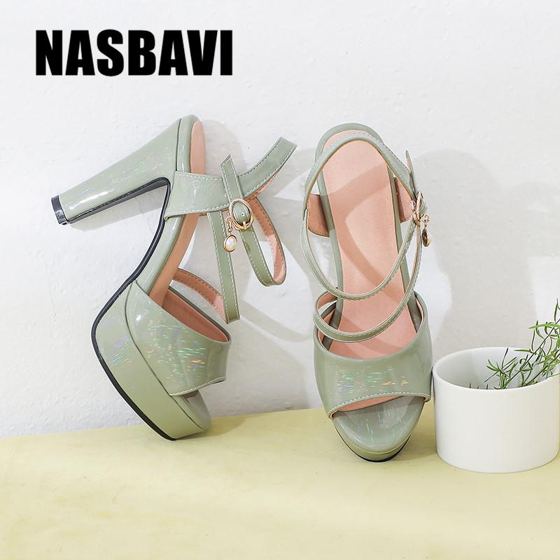 

New summer Shoes Sandals Women fashion Laser Patent leather Fish Mouth Platform Ultra High Heels Gladiator Casual woman Sandals, Beige