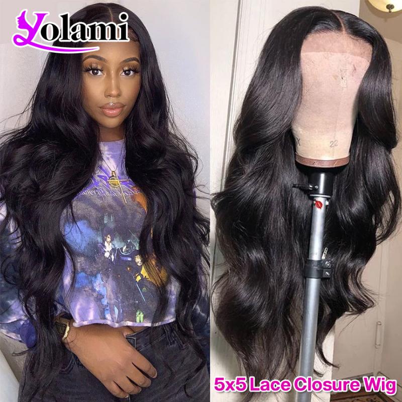 

Yolami 18-30inch Long Brazilian Body Wave Weave Human Hair Lace Closure Wigs 5X5 Pre Plucked Remy Hair Lace Front Wigs For Women, Natural color