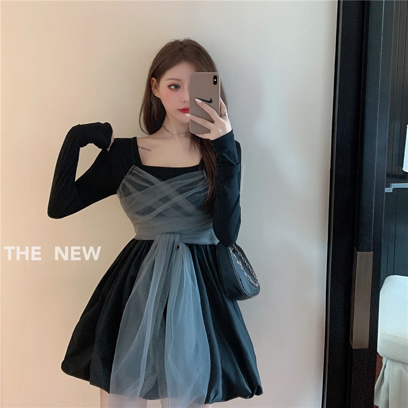 

2021 New Mod 2 Joint Parts for Women Black Autumn Mini Mesh Fabrics Chic Korean Puff Vest Dress Goth Sets Two Pcs Matching Clothes 2VSZ