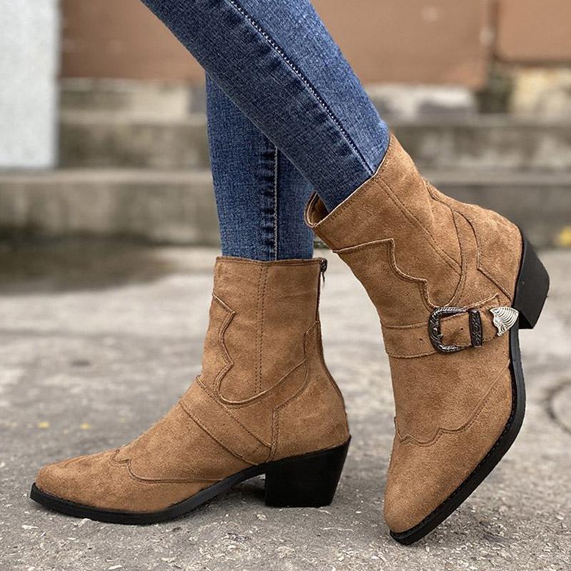 

Plus Size 2020 Winter Women Fretwork Ankle Boots Faux Suede buckle Chunky Booties Black Female Pointed Toe Botas Mujer 8723C, Brown