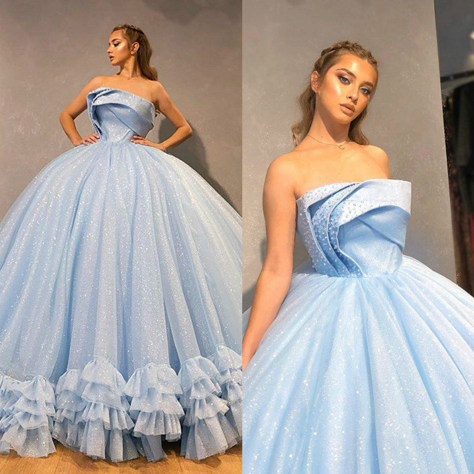 

Sparkly Ball Gown Prom Dresses Strapless Puffy Bling Bling Evening Gowns Floor Length Backless Ruffles Party Dress, Orange
