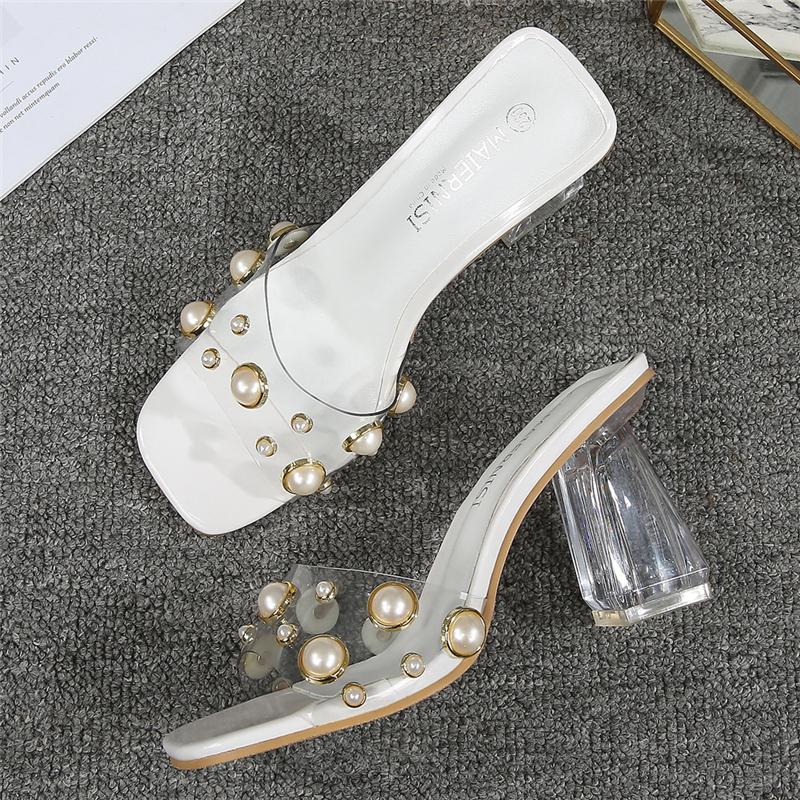 

2021 Fashion Female Pearl Seven Inches High Crutches Sandals Slides Lady Block Sexy White Slippers Low Heels Shoes Ysze