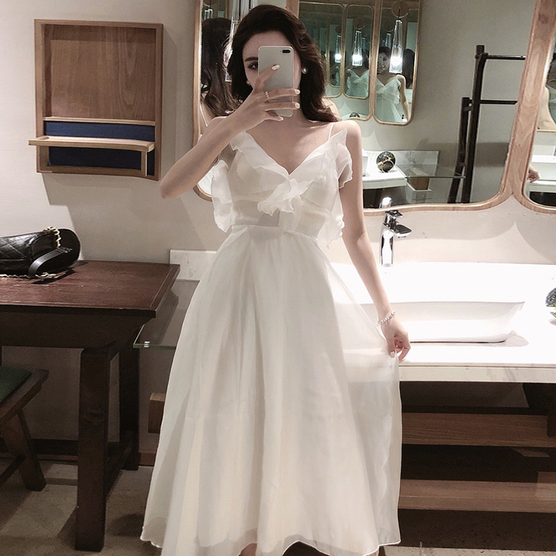 

2021 New Female Fashion Long Summer Vacation... White Low-v Deep-v Girdle... Dress Up As Sexy Bohemian Fairy... Beach SEAA