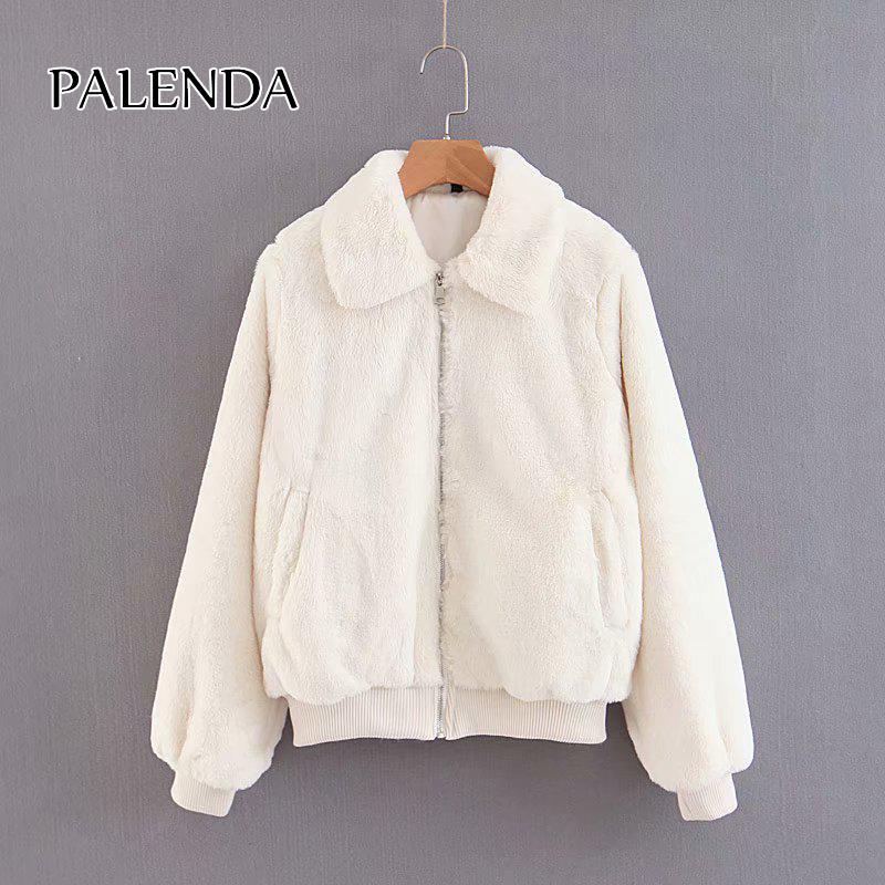 

Women fashion faux fur coat zippeer short jacket, White