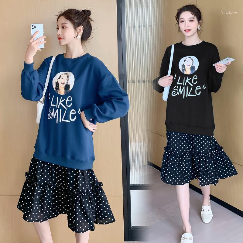 

2020 Autumn and Winter New Style Cotton Pregnant Women Polka Dot Joint Hoodie Dress Mock Two-Piece1, Black