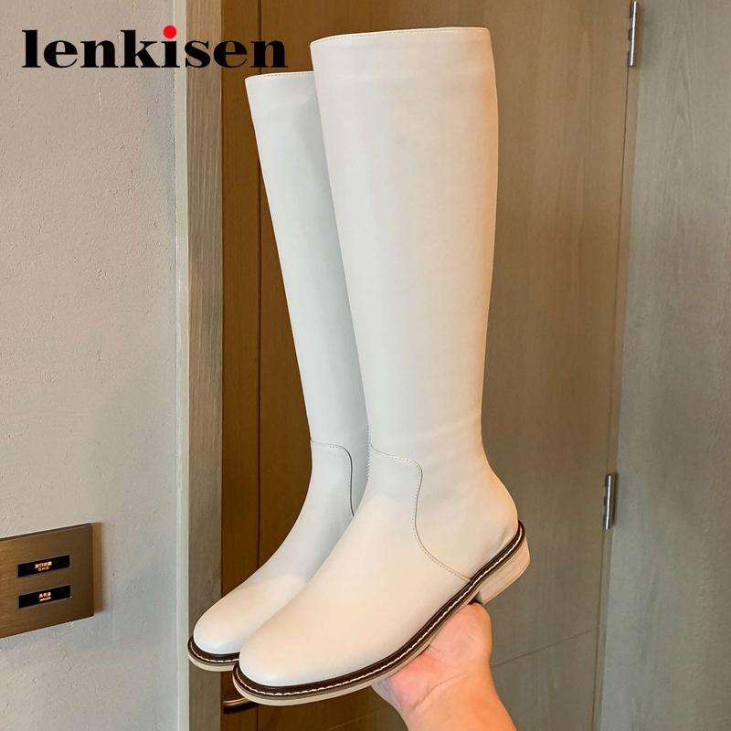 

Lenkisen 2020 winter new arrival cow leather round toe low heel riding boots European style classic colors knee-high boots L88, Black