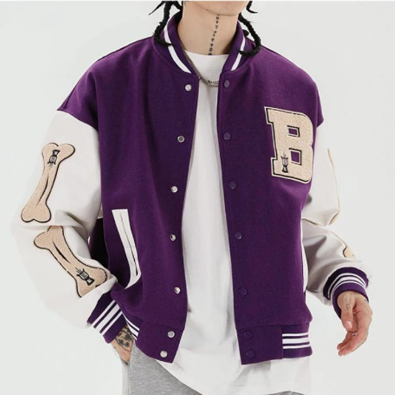 

Men Baseball Jacket Hip Hop Harajuku Embroidery Bone Letter Patchwork Bomber Coat Fashion High Street Casual Loose Jacket Unisex, Black;brown