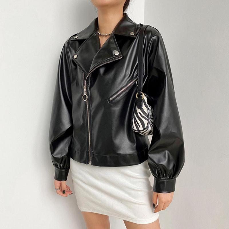 

Women PU Leather Jacket Coat Casual Punk Faux Female Autumn Vintage Cropped Biker Jackets Elegant Black Ladies Streetwear
