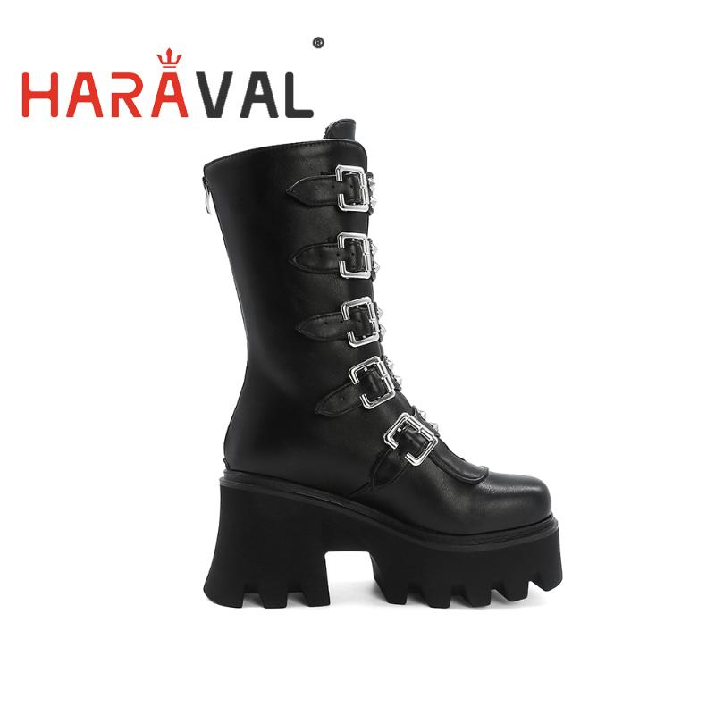 

HARAVAL Women Punk Boots Black Platform Flat Mid-Calf Motorcycle Y2k Shoes Buckle Thick Bottom Rounded Toe Cute PU Zipper E186L