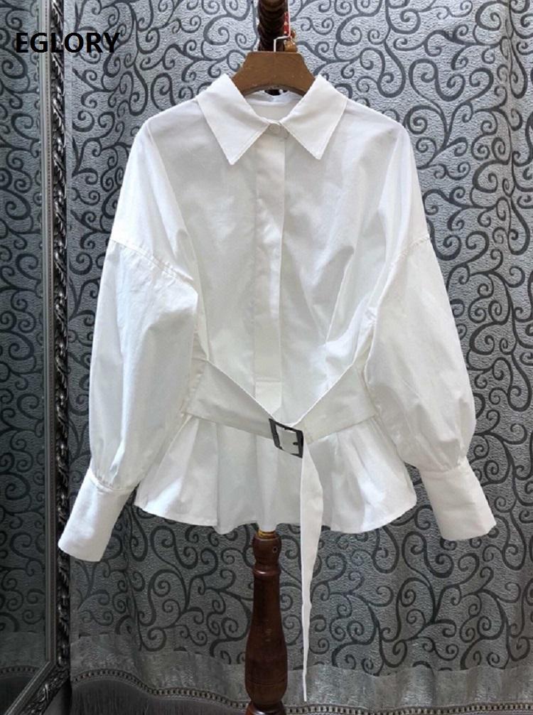 

100%Cotton Shirts 2021 Spring Summer Fashion Blouses Women Turn-down Collar Belt Deco Long Sleeve White Black Grey Red Shirt