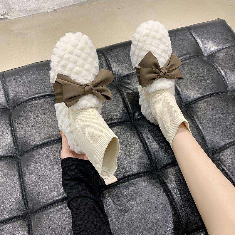 

Sweet Bowknot Women Snow Boots Winter Warm Flat Fur Shoes Woman Ankle Sock Boots Comfortable Flats Women Shoes, White