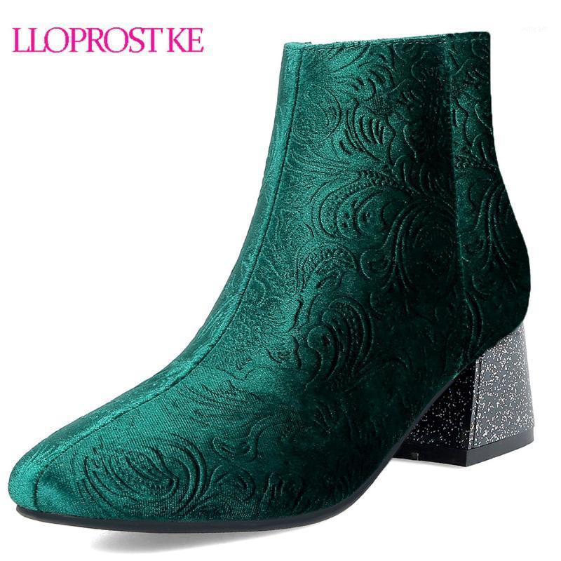 

Lloprost ke new women boots black red green autumn winter ladies flock boots zipper square heel ankle big size 32-48 D1551, Short plush brown