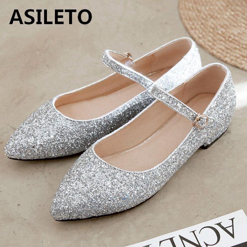 

ASILETO round toe wedding shoes Women pumps sequined Glitter ankle strap block heels party dress footwear Gold stilettos 11941, Gold flat