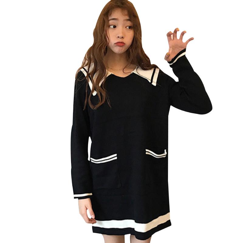 

Autumn Mini Loose Soft Turn Down Collar With Pocket Striped Knitting Winter Sweet Women Dress, Pink