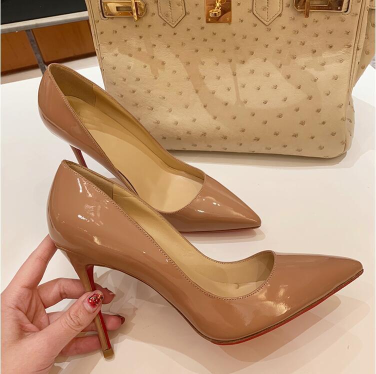 

Kate Women Red Bottom So High Heels Shoes Black Nude Pointed Toe Female Patent Leather Ladies Pumps Stiletto Pigalle Bridal Shoe, Nude shiny