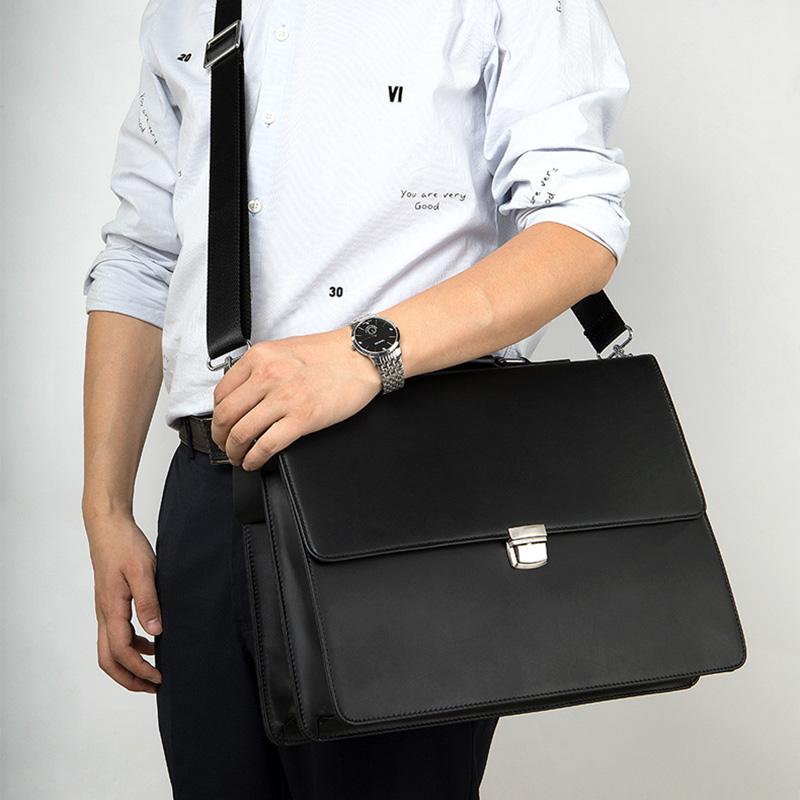 

Luufan Men's Briefcase Genuine Leather 14" Black Laptop Business Handbag Male Real Leather Retro Briefcase Bag Work Hand Bag