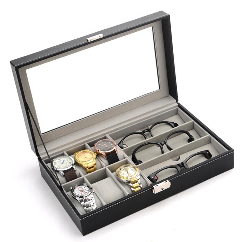 

LinTimes Simple Transparent Lid Large Capacity Watch Glasses Box Store 6 Watches and 3 Glasses