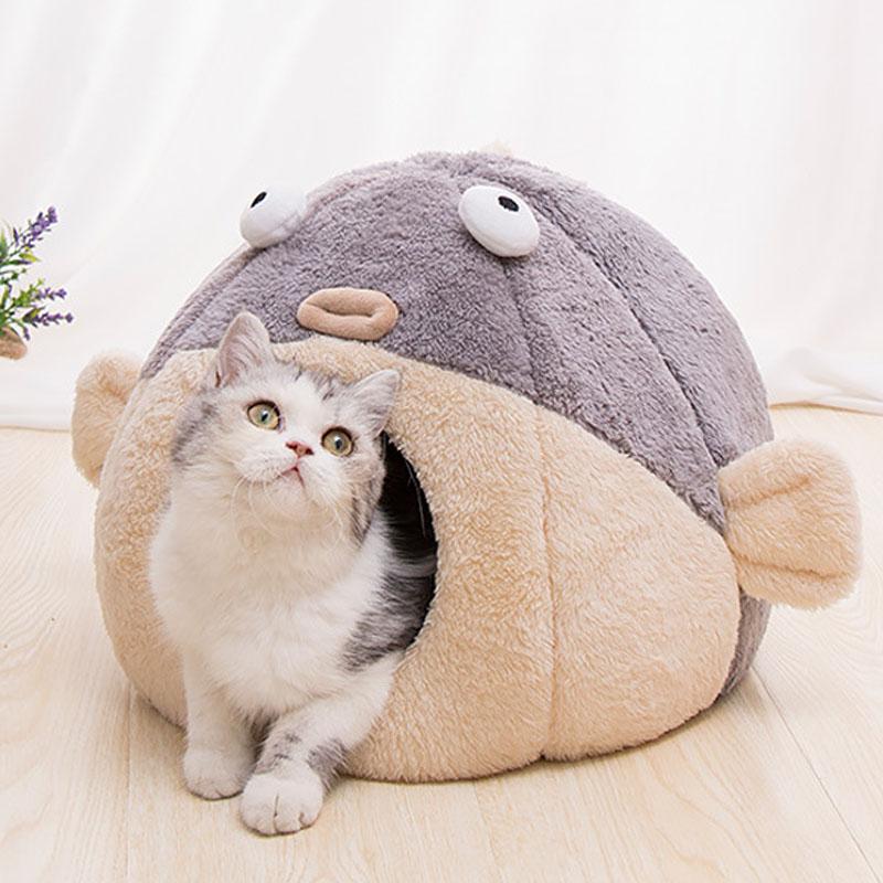 

Half Closed Cat House Washable Plush Kitten Puppy Kennel Sleeping Basket Cartoon Globefish Bed Mat for Small Dogs