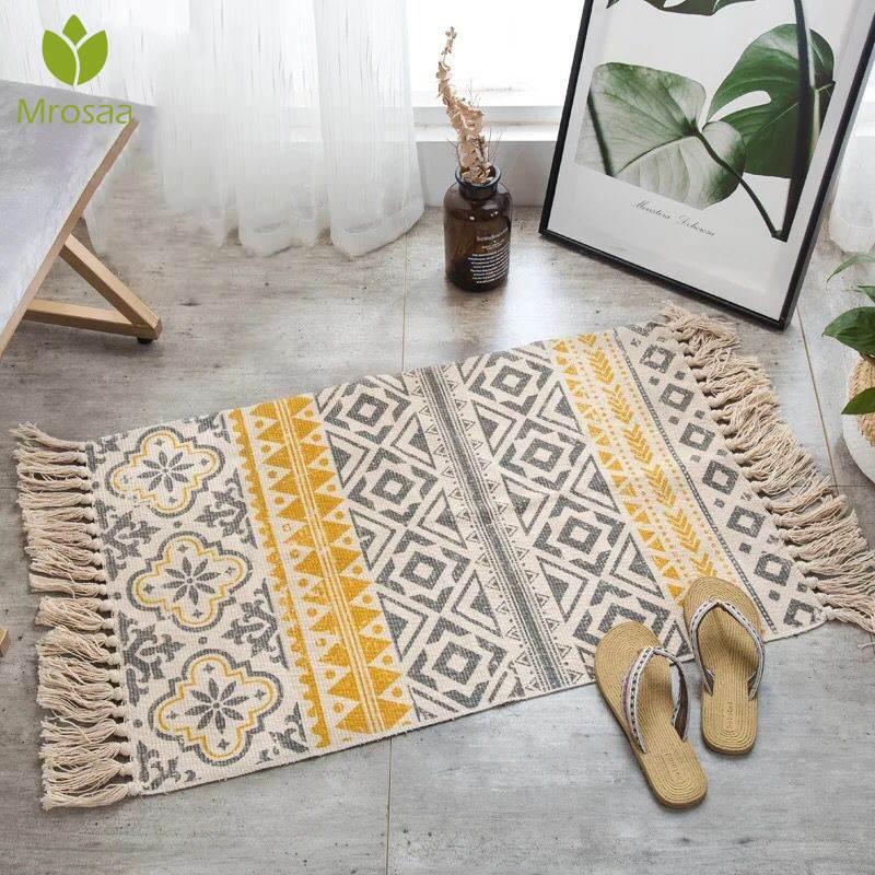 

60*90CM Retro Bohemian Hand Woven Cotton Linen Carpet Rug Bedside Rug Geometric Floor Mat Living Room Bedroom Carpet Home Decor, Red