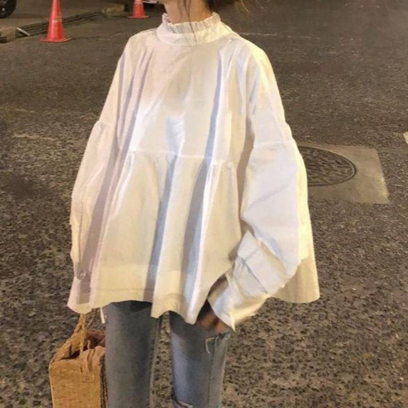 

Spring New Ladies Tops Puff Sleeve Loose Cute Vintage Bow Women's Blouses Shirts Japanese-style Women Tops, White