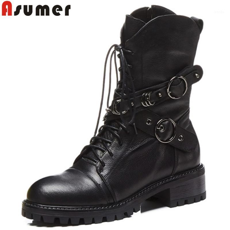 

ASUMER black fashion hot sale new ankle boots for women round toe zip genuine leather boots zip lace up classic1, Black not fur