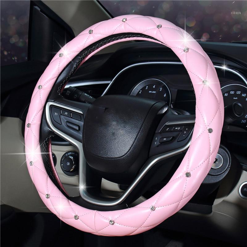 

Leather Steering Wheel Covers Crystal Studded Rhinestone Car Steering-Wheel Cover Cases Pink Car Interior Accessories For Girls1