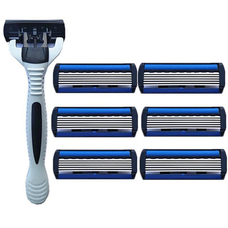 

6 Layers Razor 1 Razor Holder + 7 Blades Replacement Shaver Head Cassette Shaving Set Blue Face Knife For Man
