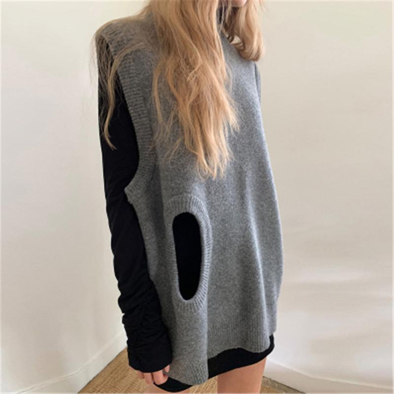 

Fashion Streetwear Hollow Out Knitted Vest Women Autumn Winter Korean O Neck Sleeveless Sweater Pullover Waistcoat Veste, Beige