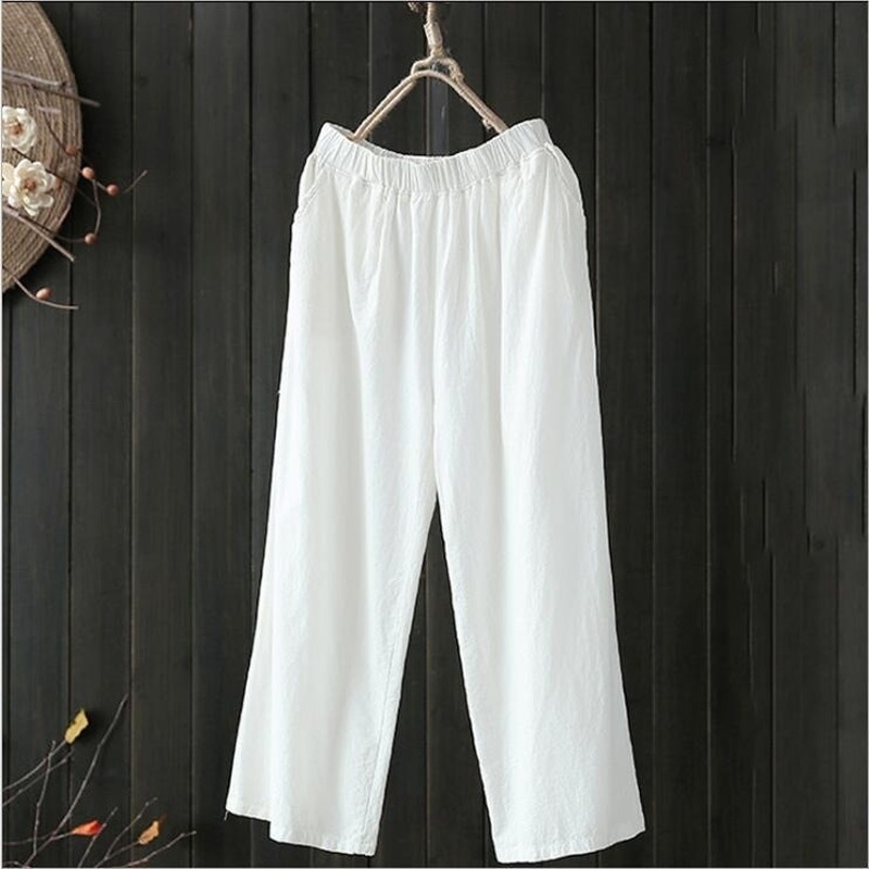 

Plus Size White Cotton Pants Women Summer Elastic Waist Loose Casual Black Wide Leg Pants Women' Pocket Ankle Length Trousers 201031, Navy blue