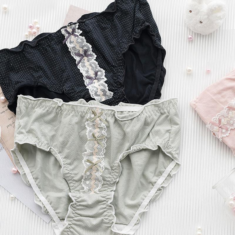 

Comfortable Cotton Underwear Female Cute Lace Bow Polka Dot Bread Pants Low Waist Triangle Girl Girls Low Waist Briefs Lntimate, Black