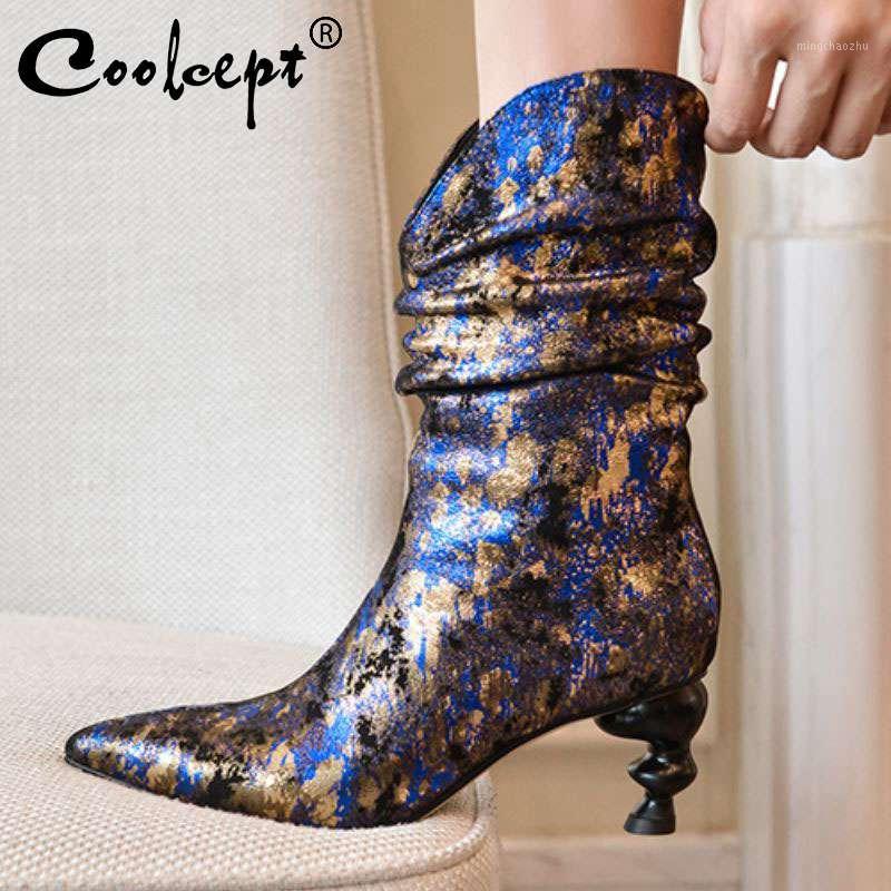 

Coolcept 2020 Trend Women Mid Calf Boots Pointed Toe Zipper Print High Heels Shoes Genuine Leather Women Footwear Size 33-401, Huase