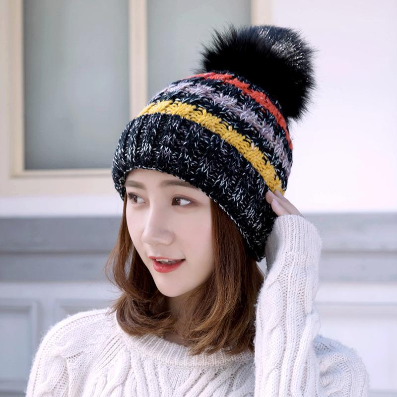

Autumn and winter hats ladies curled woolen caps plus velvet outdoor fur ball warm knitted hat new Korean version1, Black