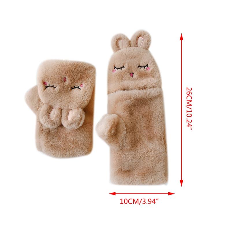 

Winter Fluffy Plush Half Finger Gloves Cartoon Embroidery Convertible Mittens LX9E