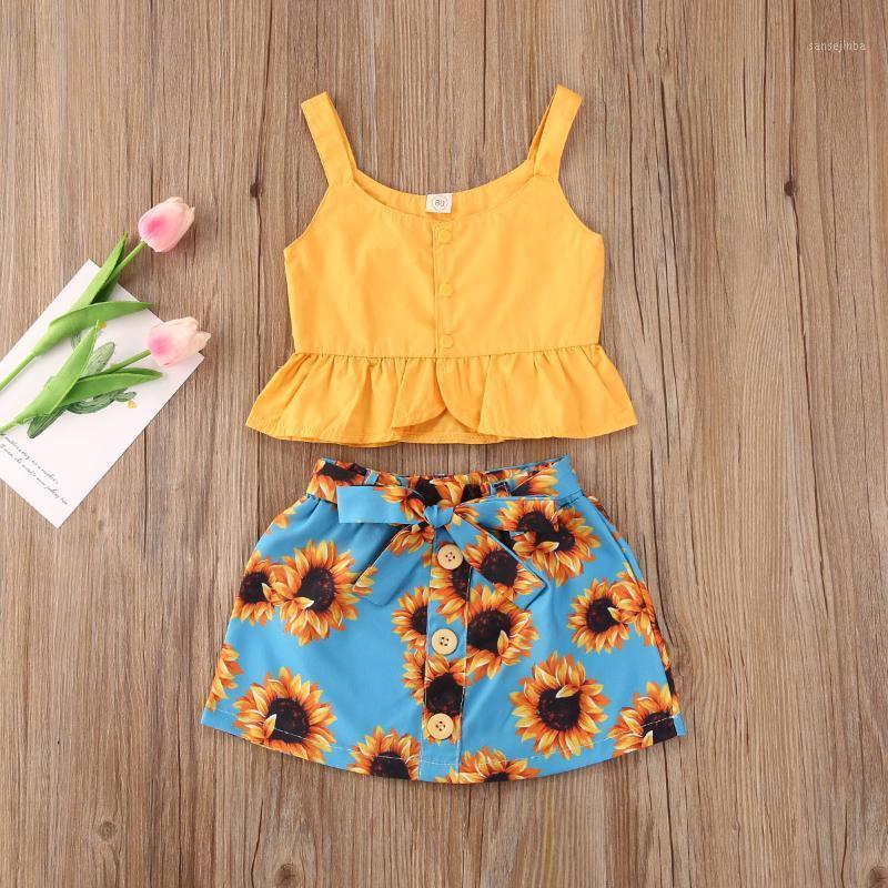 

Toddler Girls Clothes Sets 1-5Y Kids Sleeveless ButtonVest Ruffles Tops+Floral Print Shorts Summer Newborn Clothes Suits1, Yellow