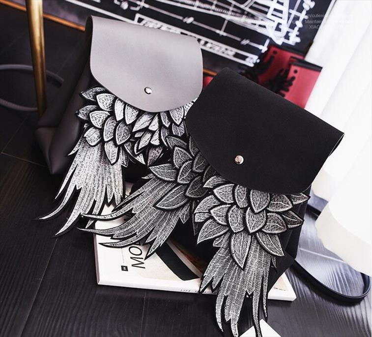 

willsrain woman fashion black backpack with wing good quality unique design angel pu lady bag chic teenage backpack boslo, Gray
