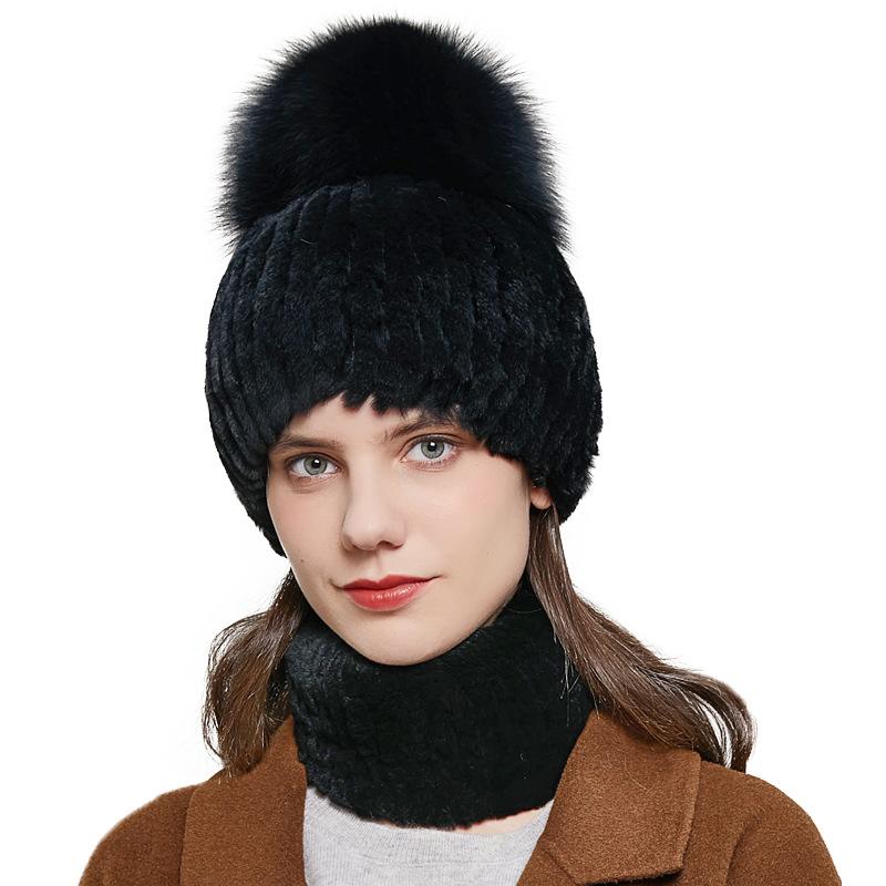 

HY-07 Popular Style Hat Women's Autumn and Winter Rex Fur Warm Ear Protection Fur Ball Hat Suit Skullies & Beanies, Color 7