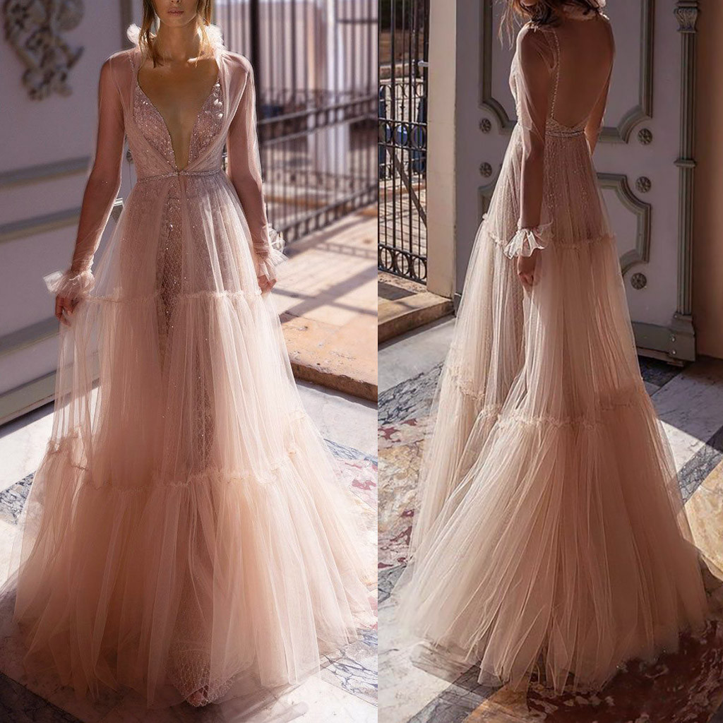 Femmes dentelle Showback longue robe sexy col en V profond robe de soirée décontractée dos nu sans manches rose robes sans col vêtements de vacan