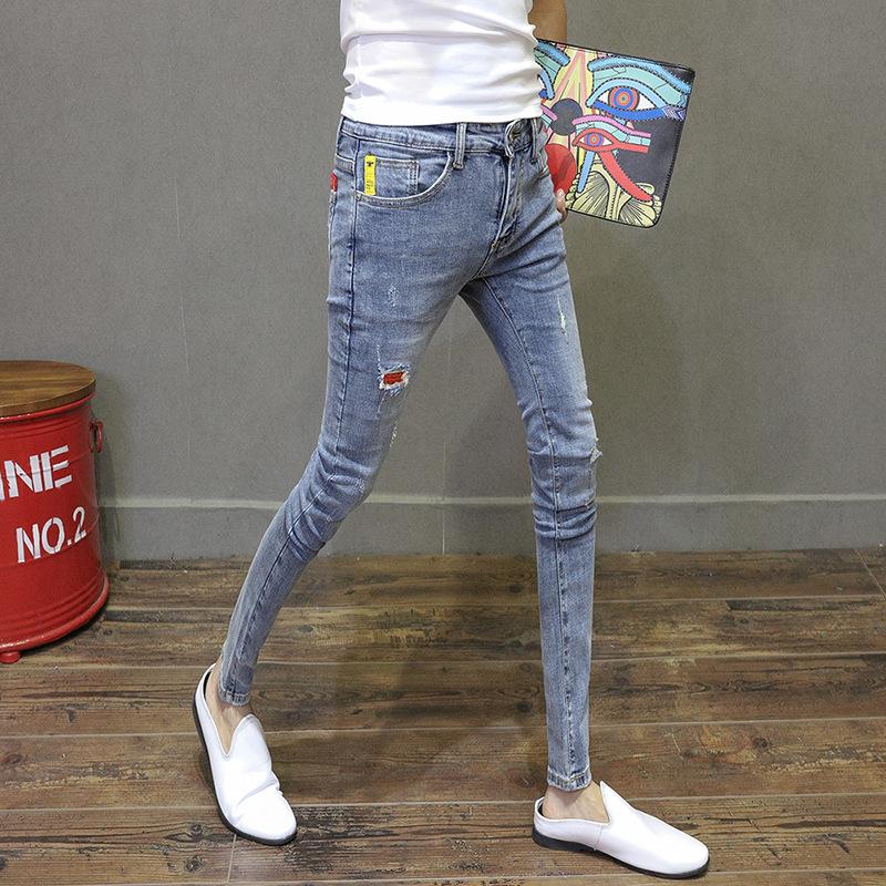 

Wholesale 2020 fashion teenagers boys washing pencil pants men Korean style ripped patch slim fit stretch feet skinny jeans men, Blue