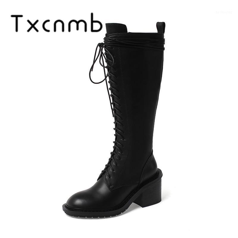 

TXCNMB Knee-high Boots Women Winter Genuine Leather Round Toe Thick High Heel Metal Boots Zipper Plush Lining Ladies Shoe1, Black