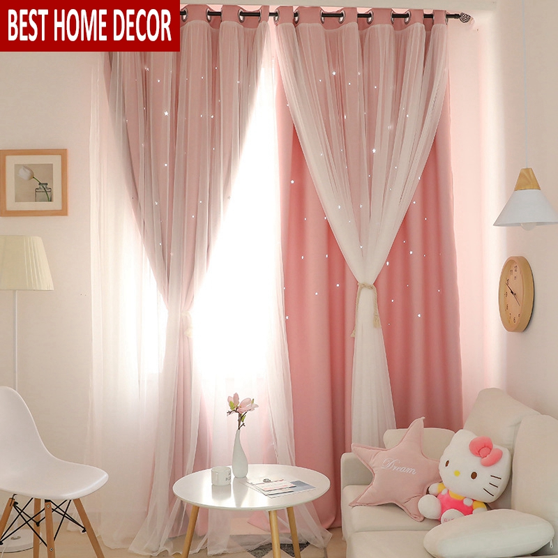 

Hollow Star Sheer Curtain Window Curtains for Girl Kids Bedroom Treatments Blackout Curtains for Living Room Home Valance Decor, Pink