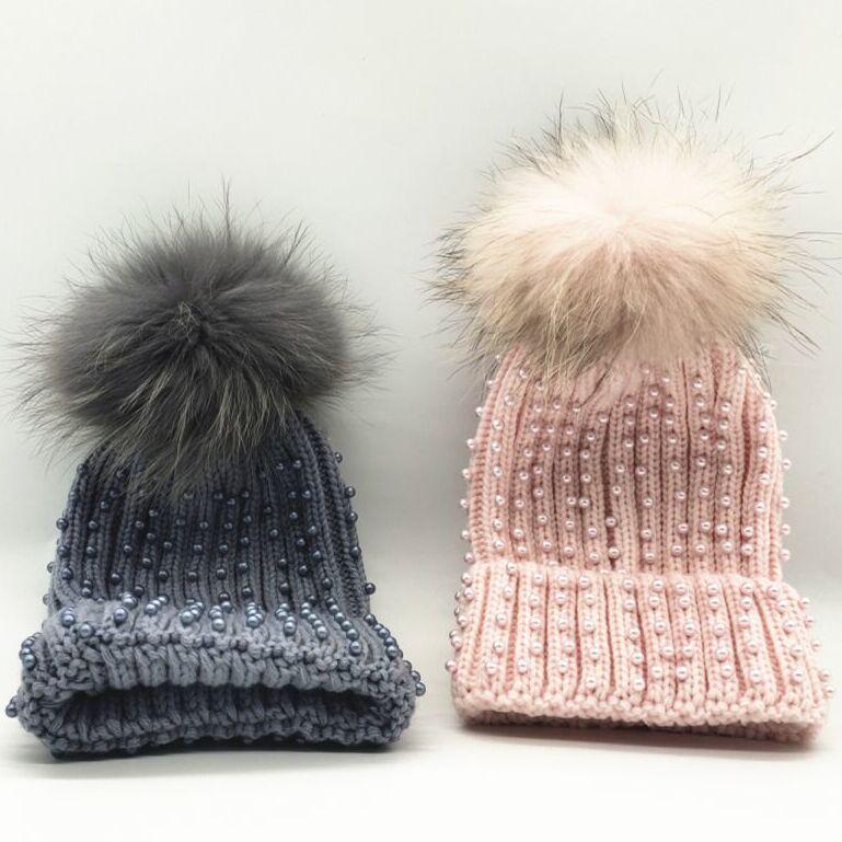 

New winter beaded Pearl Knitted beanie cap Women casual real raccoon fur pom pom skullies cap skullcap Hat Gorros