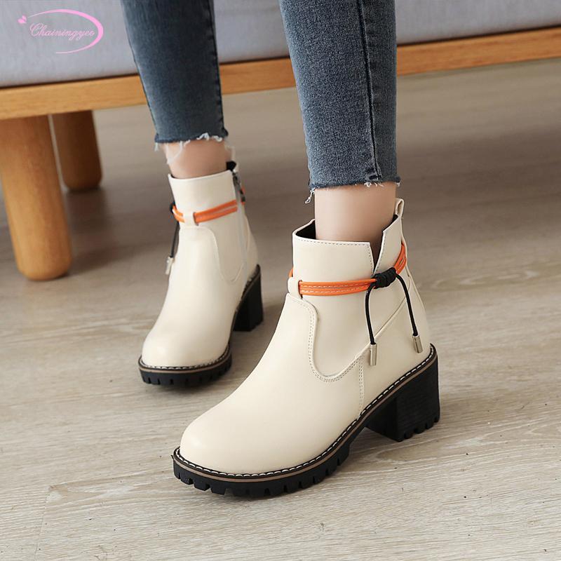 

Casual style round toe ankle boots fashion color matching lace-up zipper apricot black pink high heel riding boots women's shoes