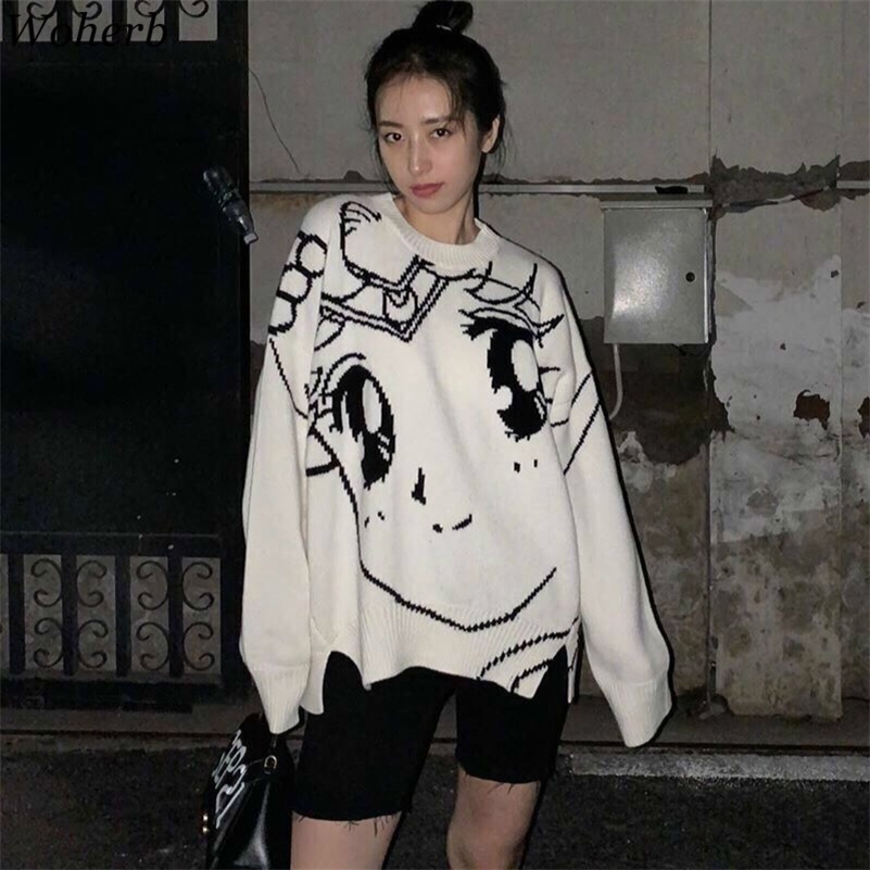 

Woherb Streetwear Korean New Women Pullovers Sweater Japanese Cartton Sailor Moon Print Sueter Mujer Girls Knitted Sweaters 201030, Beige