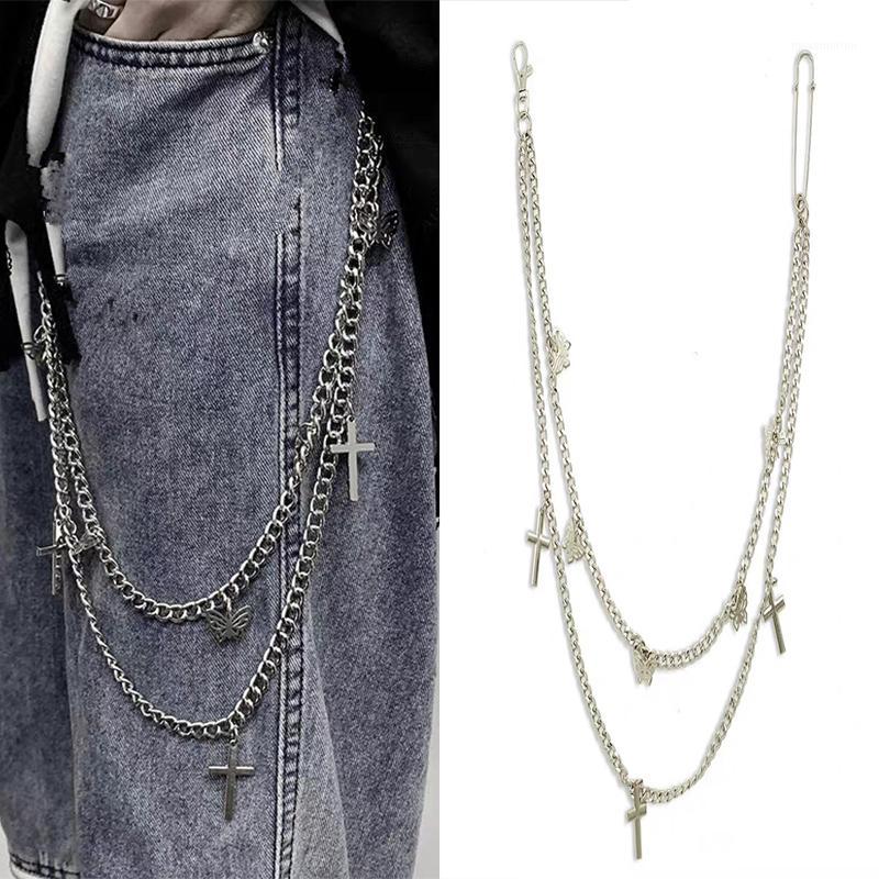 

Hip Trendy Trouser Chains Classic Personality Double-layer Waist Chains Butterfly Cross Hanging Silver Metal Waist1