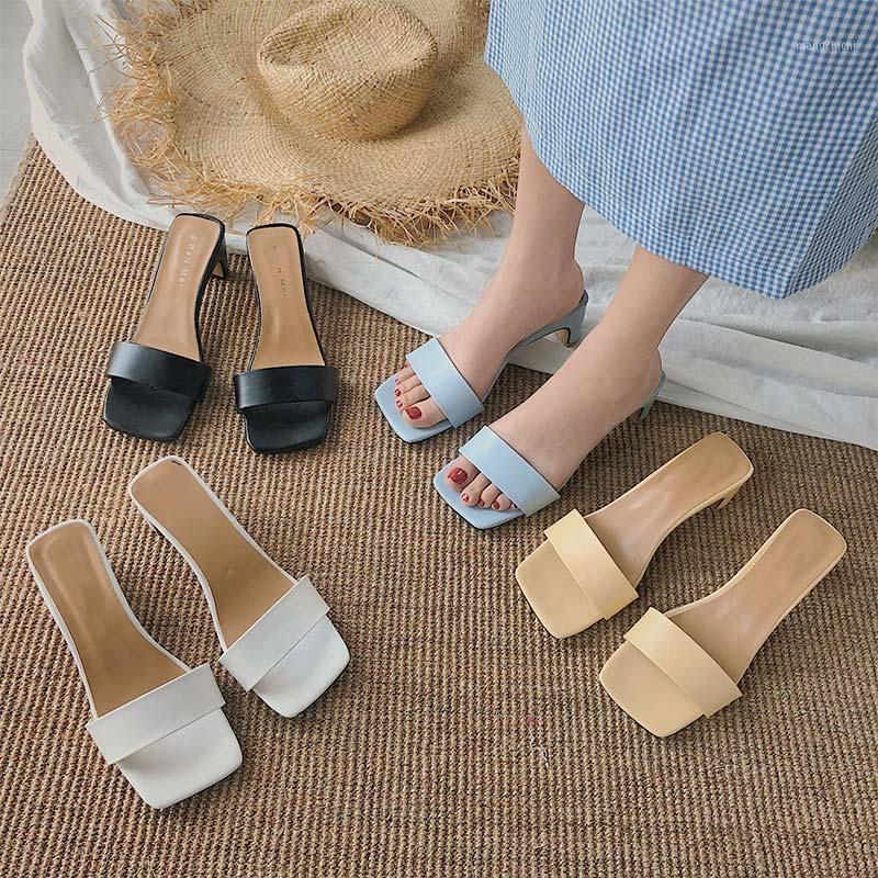 

2020 Woman Summer Slippers Open Toe PU Casual Square Heels Fashion Shoes Woman Comfortable Slippers Female New Hot Summer1, Black