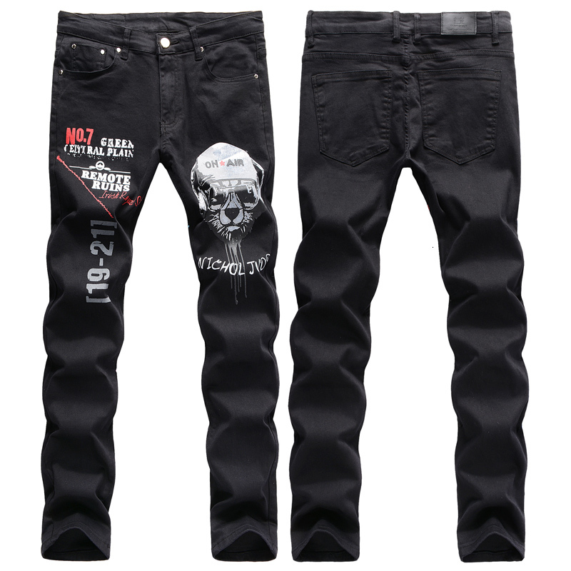 

2021 New Fashion Streetwear Black Color Casual Slim Fit Printed Designer Men Night Club Punk Pants Hip Hop Jeans Homme 2d64