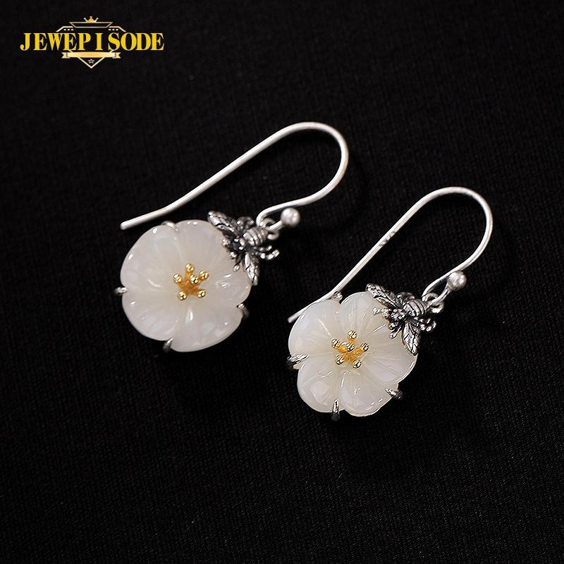 

Jewepisode 100% 925 Sterling Silver flower design Natural Jade Drop Dangle Earrings for Women Wedding Engagement Fine Jewelry