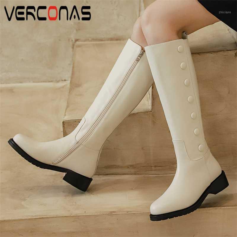 

VERCONAS Women Knee-High Boots 2020 Autumn Winter Fashion New Button Shoes Woman Side Zipper Genuine Leather Long Boots1, Black
