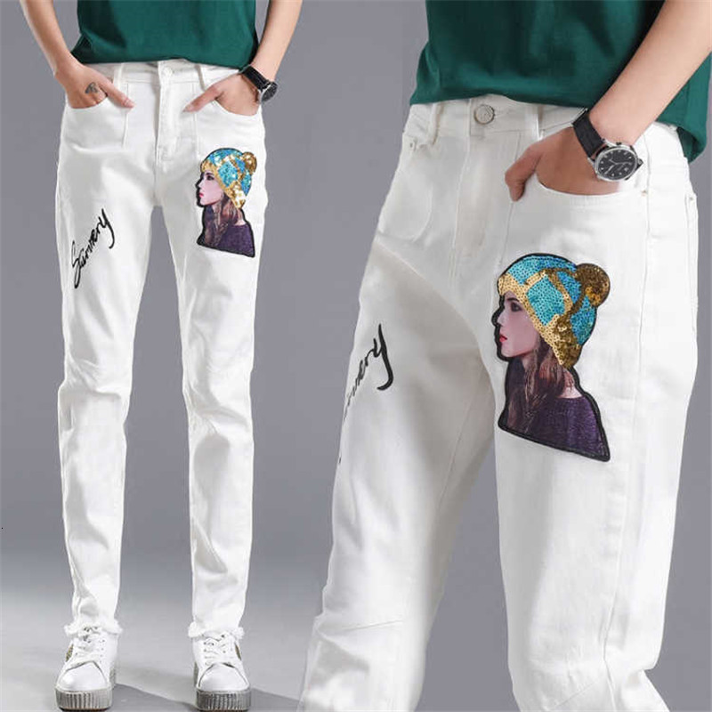 

2021 New Summer Spring Women White Denim Korean Fashion Slim Cartoon Graffiti Print Stretched Jeans Pants Capris Cowboy Trousers 88 Pjdv, White 1