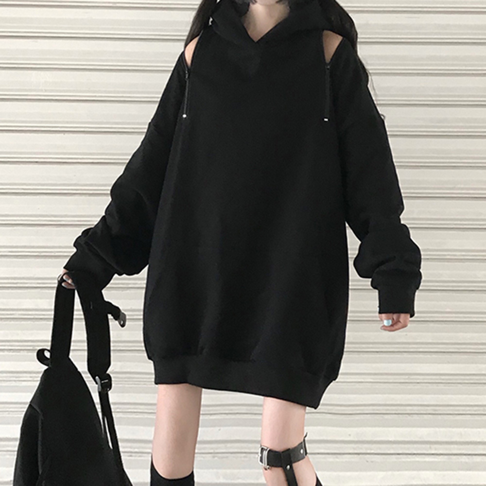 

2021 New Women Hooded Hoodie Balck Loose Zipper Pullover Thick Long Coat Japan Korea Young Girl Fashion Autumn D7A3, Black
